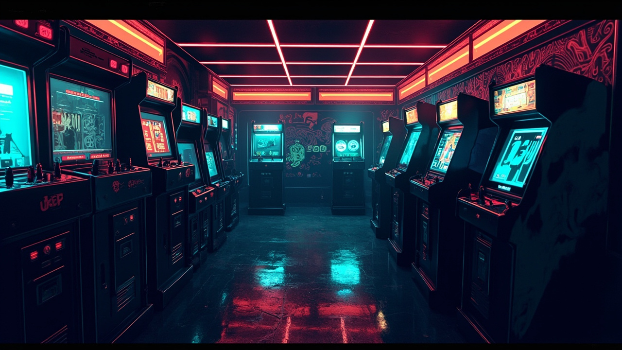 Illustration of a neon-lit retro arcade interior