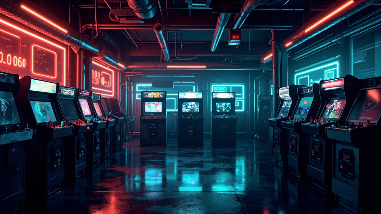 Illustration of a neon-lit retro arcade interior