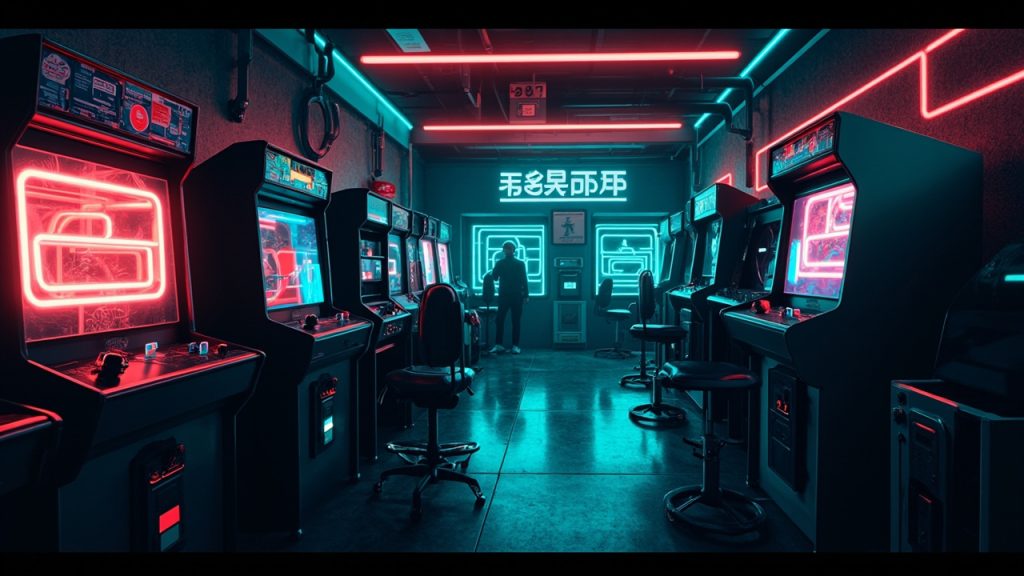 Illustration of a neon-lit retro arcade interior