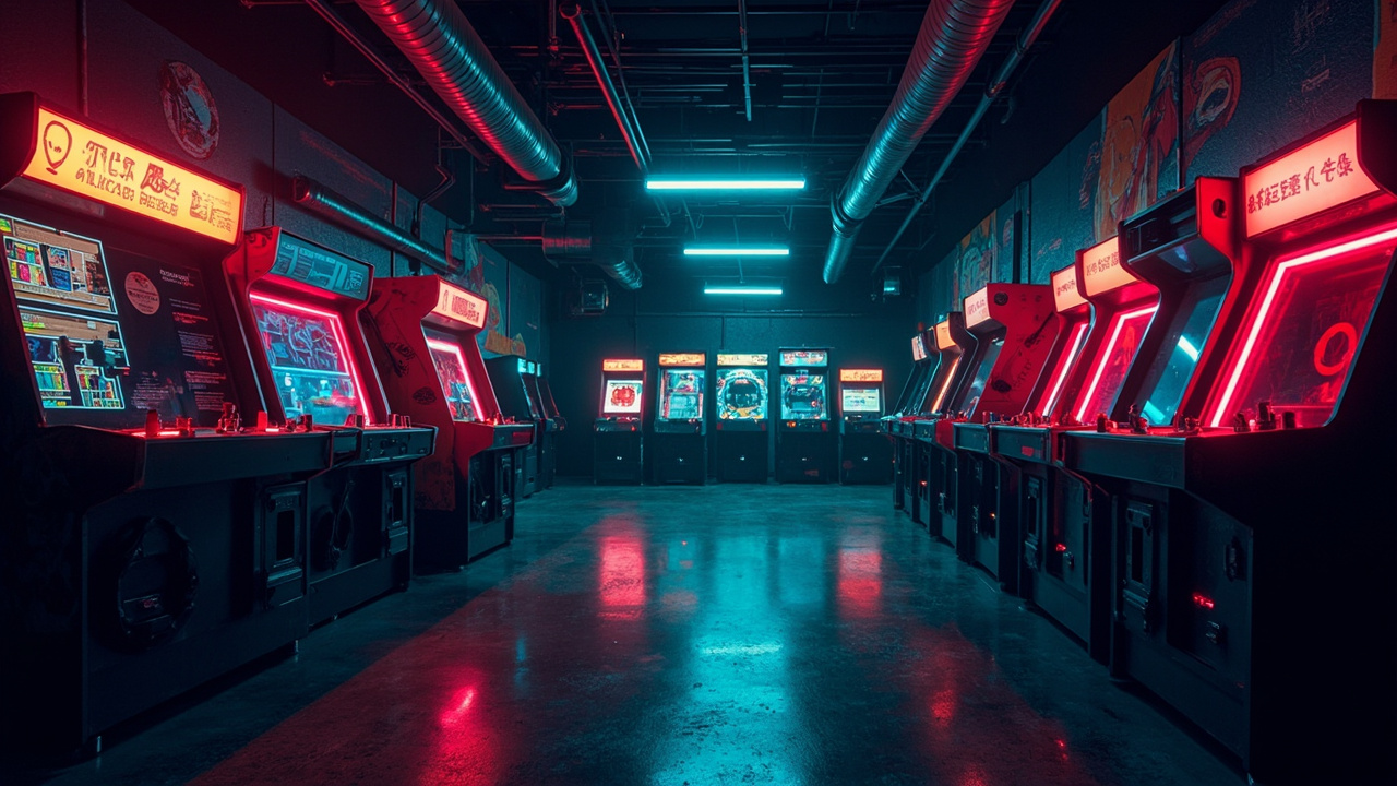 Illustration of a neon-lit retro arcade interior