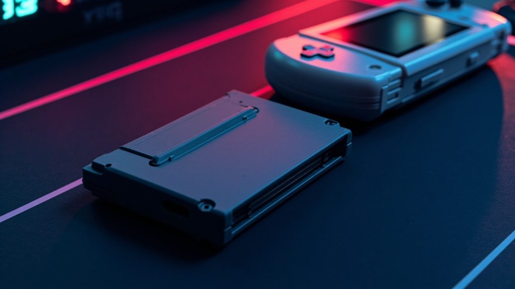 Illustration: A gray plastic game cartridge rests on a dark surface next to the corner of a light-colored handheld gaming console.