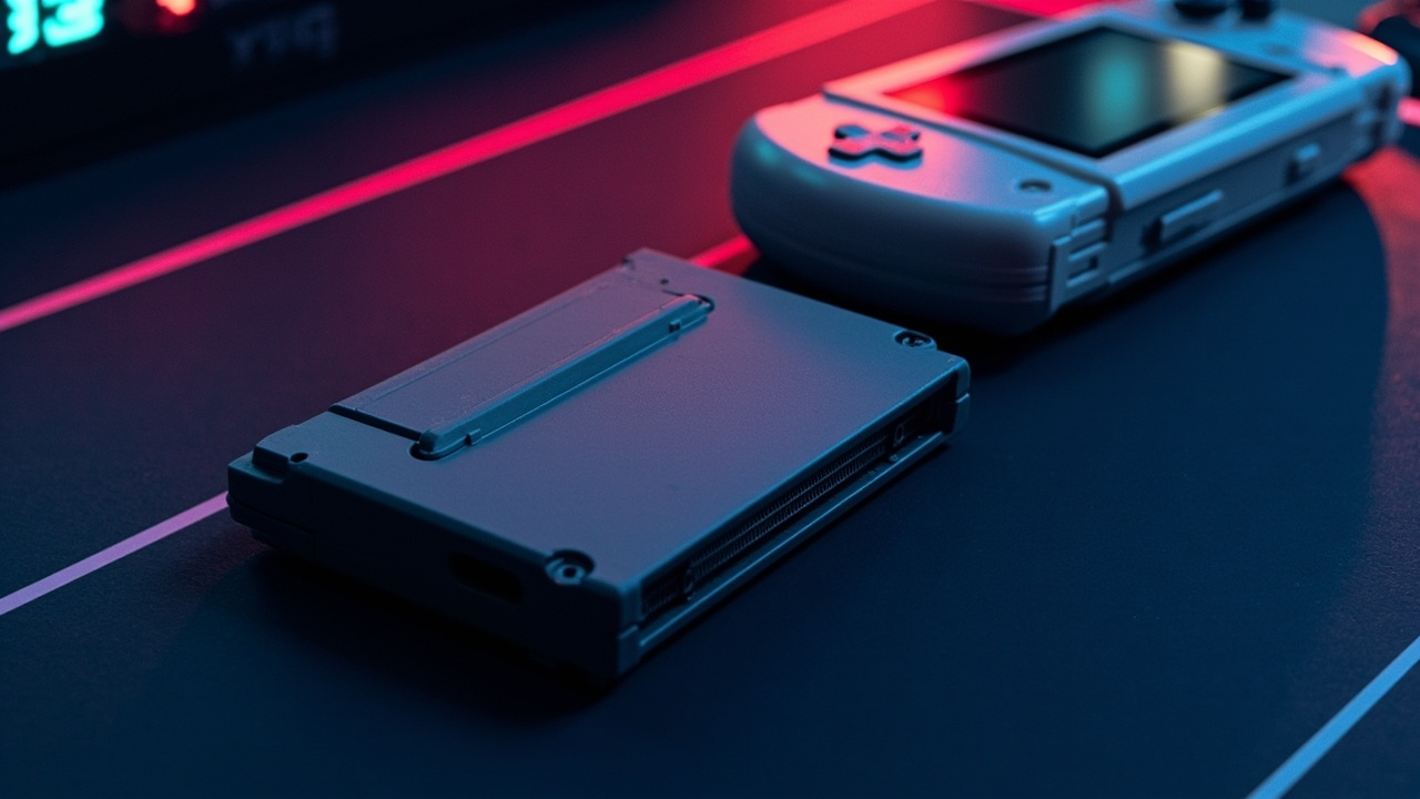 Illustration: A gray plastic game cartridge rests on a dark surface next to the corner of a light-colored handheld gaming console.