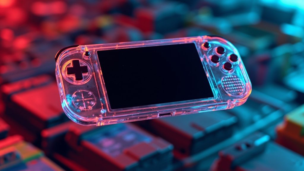 Illustration: A clear, transparent handheld gaming console hovers above a blurred grid of colorful game cartridges. The device showcases a blank black screen, a cross-shaped directional pad, two maroon action buttons, and a perforated circular speaker grille.