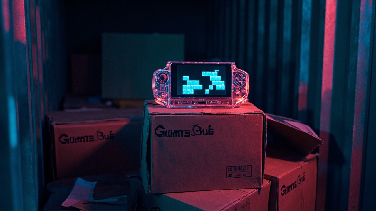 Illustration: A transparent handheld gaming console displaying a falling-blocks puzzle game rests on top of cardboard boxes labeled "Game Bub" amid packing materials inside a shipping container.