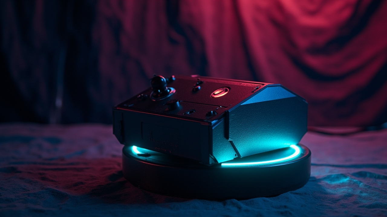 Illustration of retro gaming hardware in synthwave style