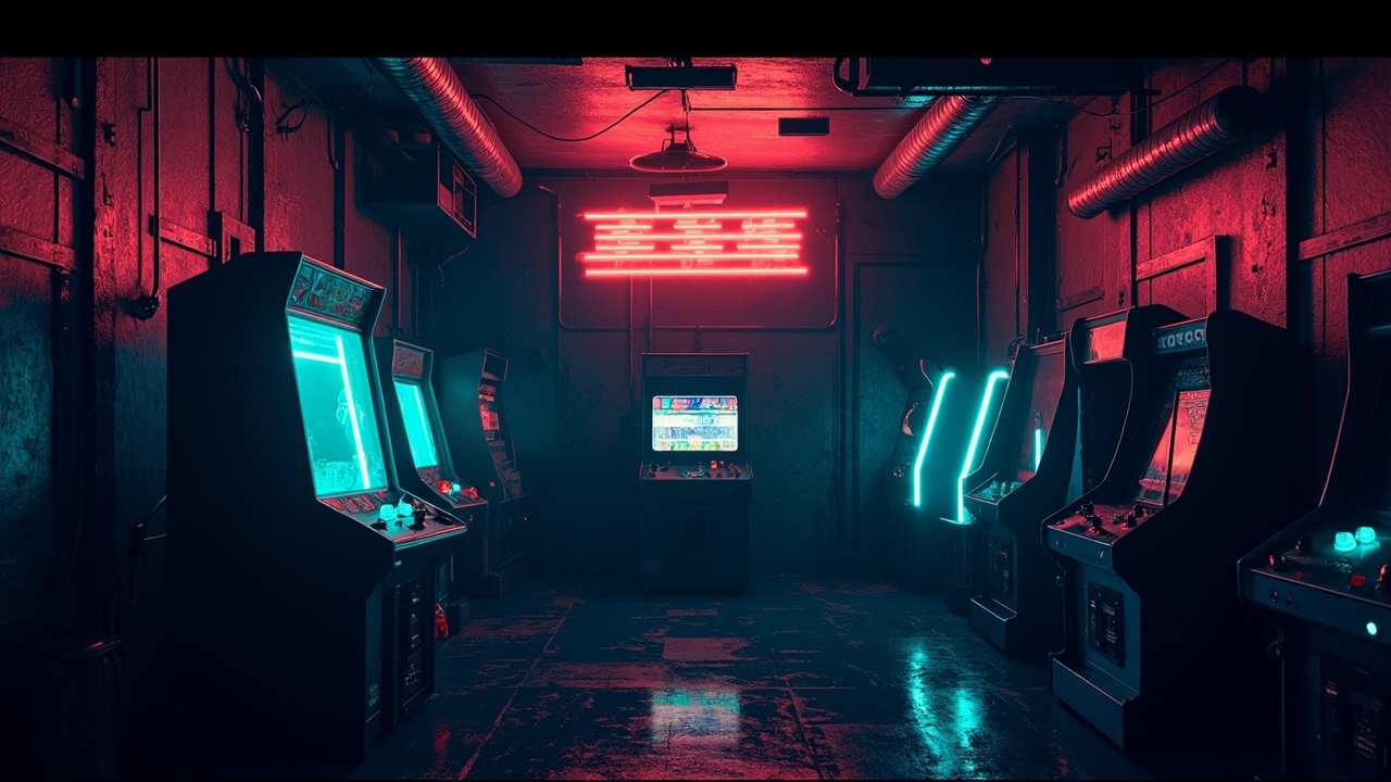 Illustration of a neon-lit retro arcade interior