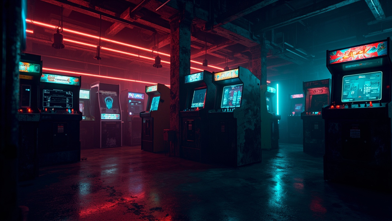 Illustration of a neon-lit retro arcade interior