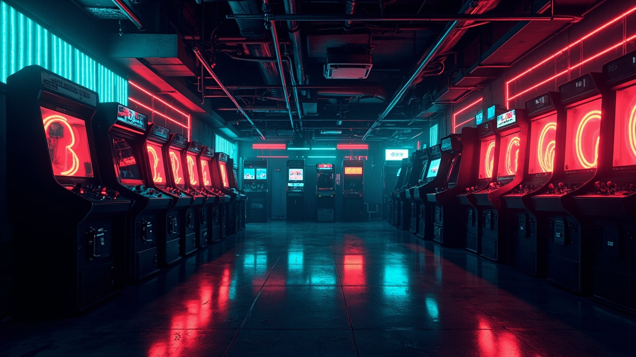 Illustration of a neon-lit retro arcade interior