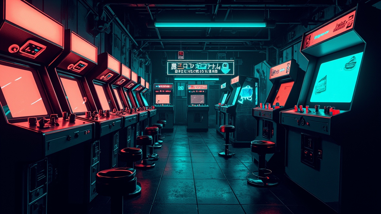 Illustration of a neon-lit retro arcade interior