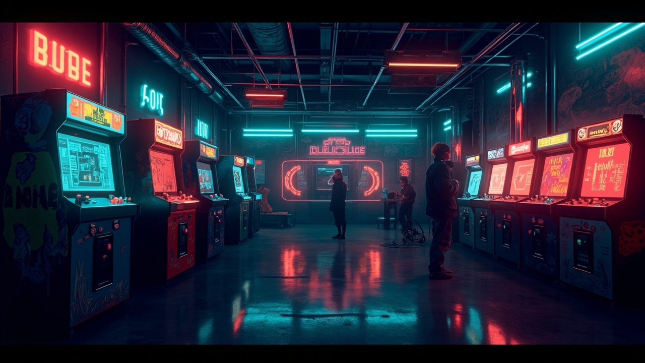 Illustration of a neon-lit retro arcade interior