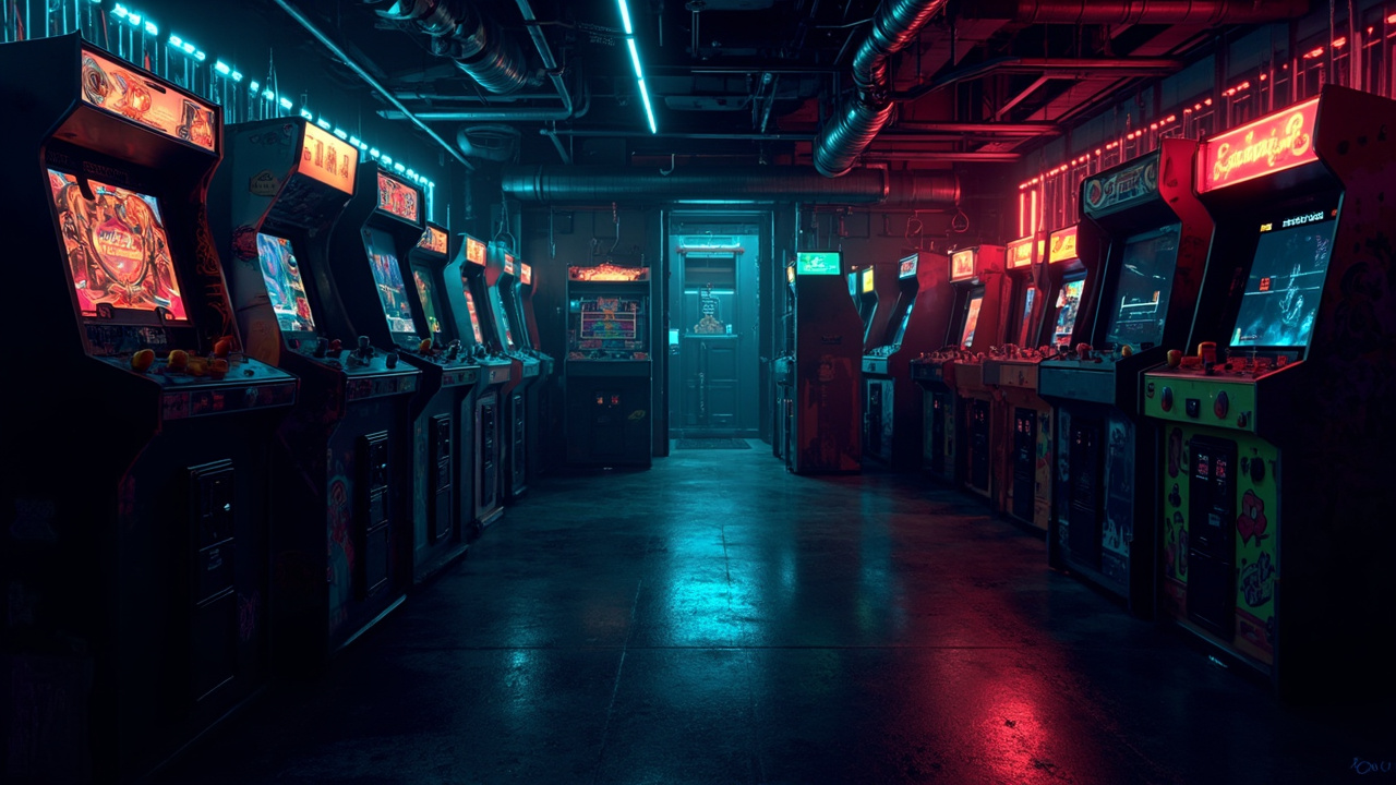 Illustration of a neon-lit retro arcade interior