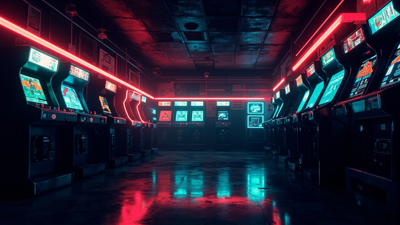 Illustration of a neon-lit retro arcade interior