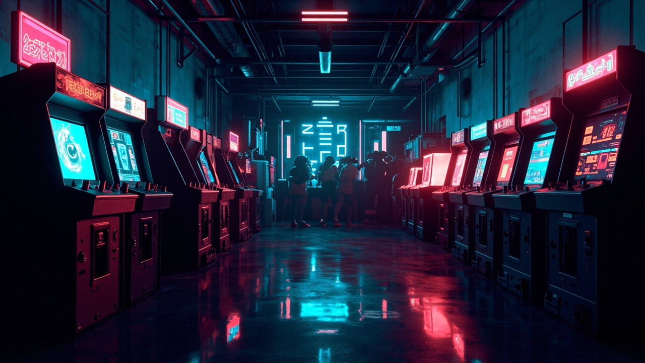 Illustration of a neon-lit retro arcade interior