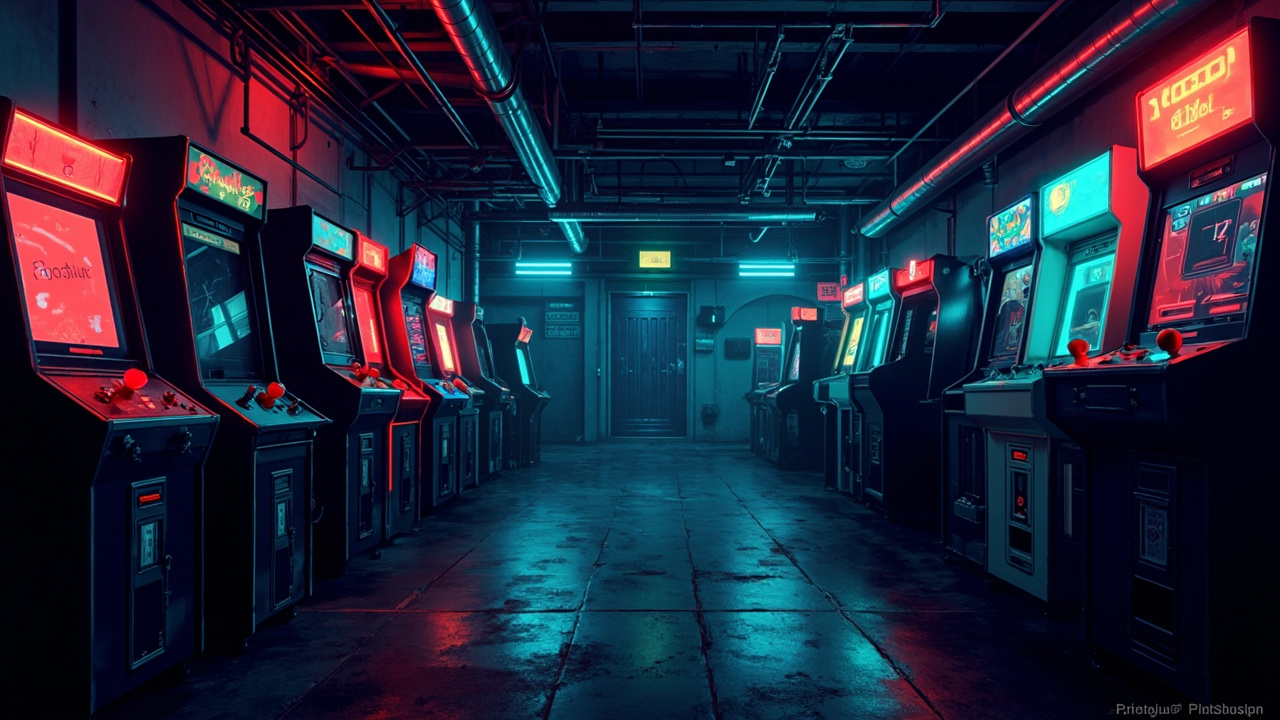 Illustration of a neon-lit retro arcade interior