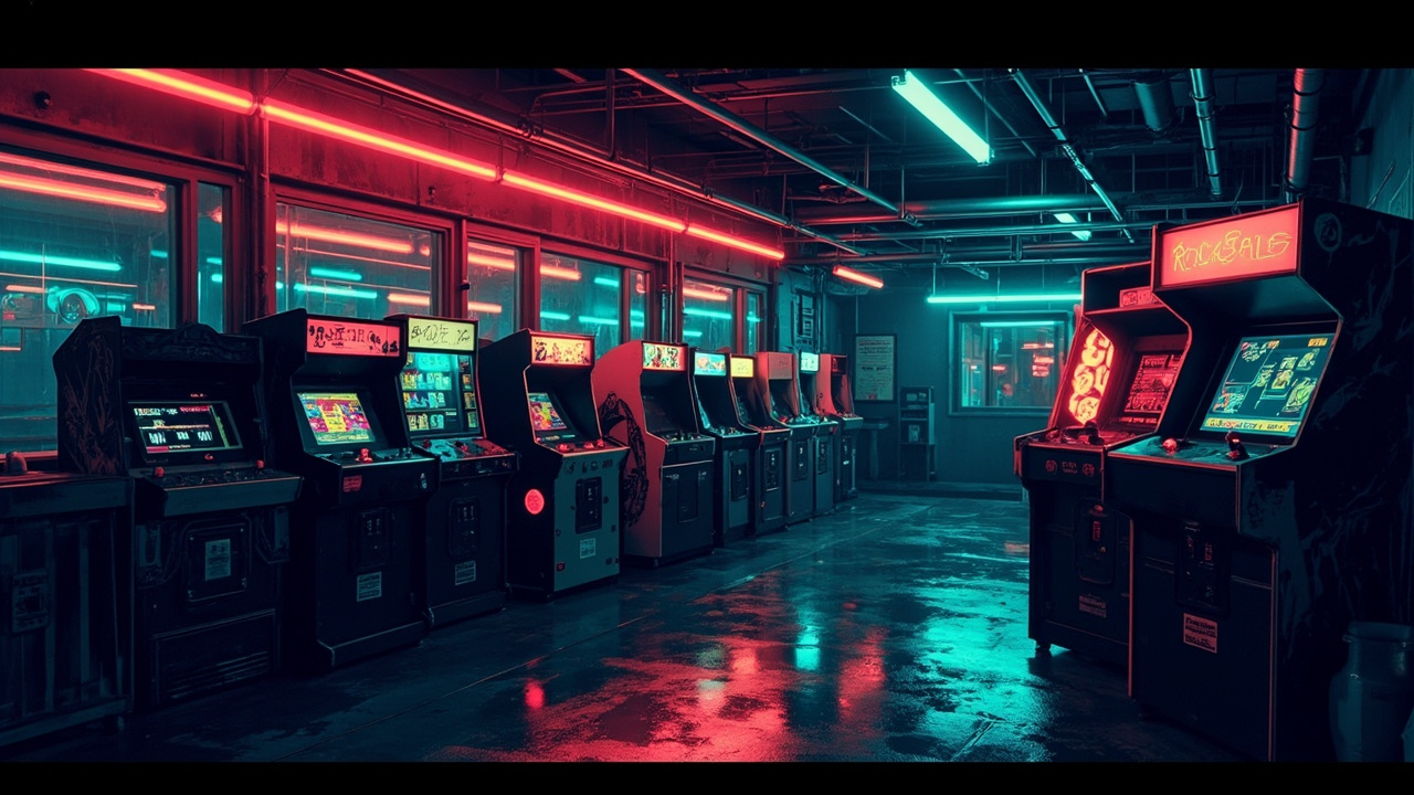 Illustration of a neon-lit retro arcade interior