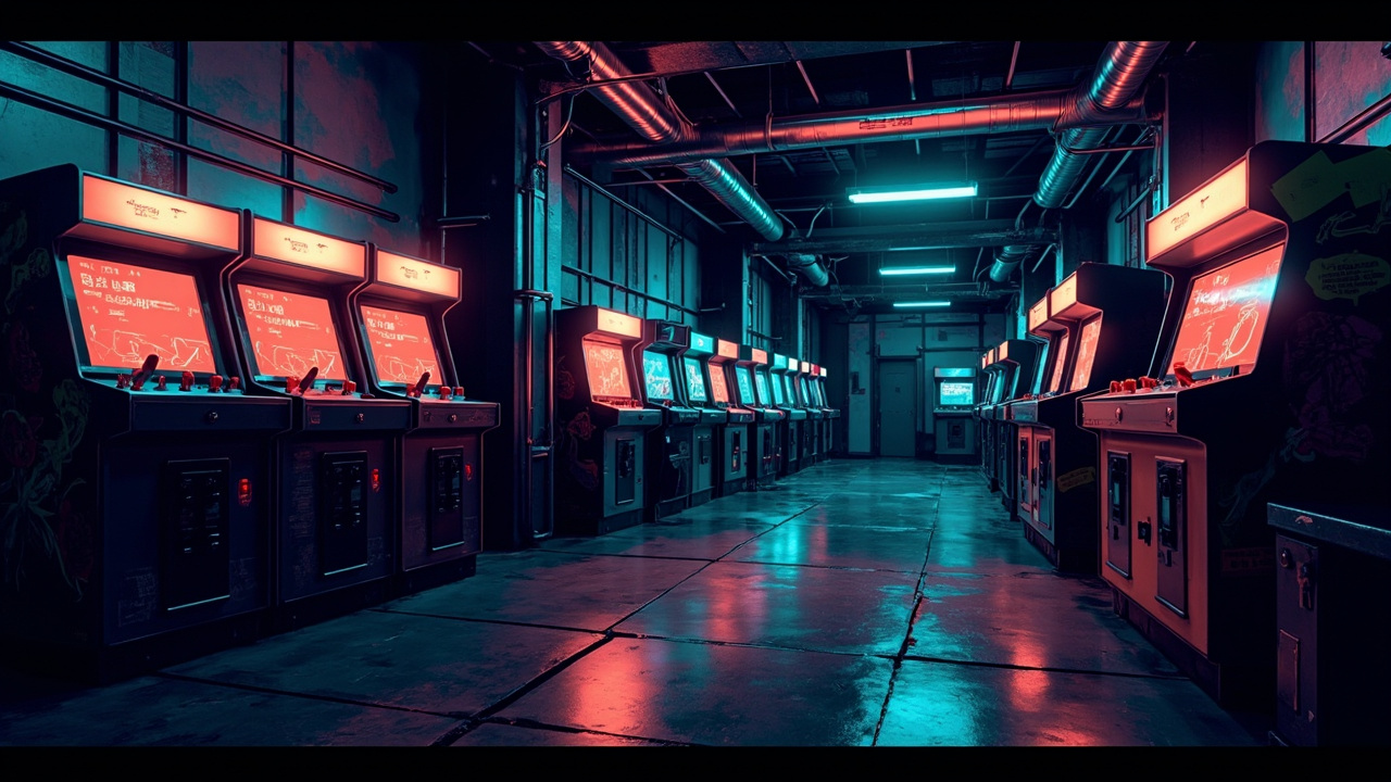 Illustration of a neon-lit retro arcade interior