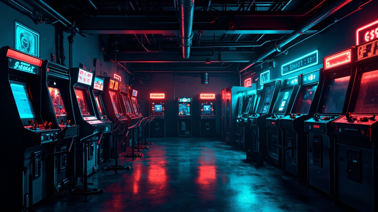 Illustration of a neon-lit retro arcade interior