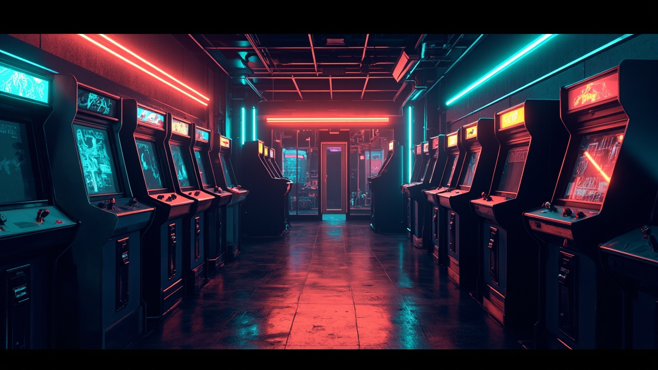 Illustration of a neon-lit retro arcade interior