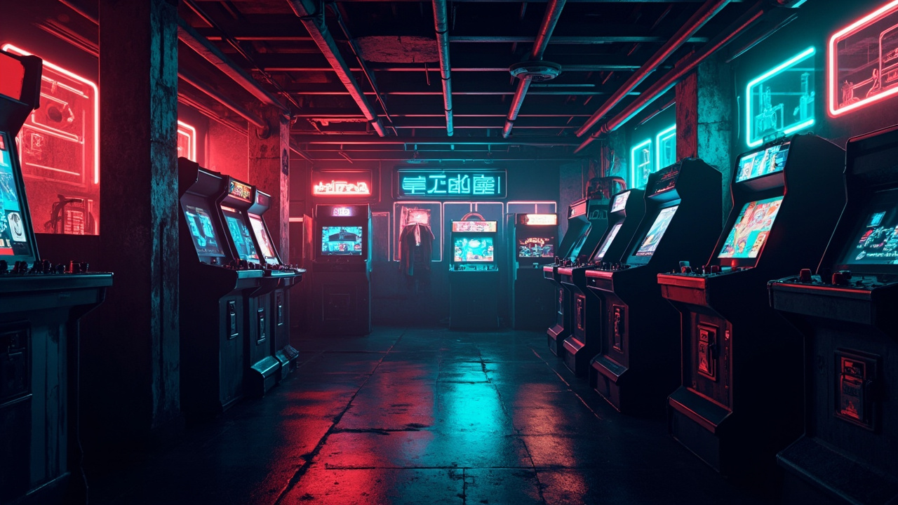 Illustration of a neon-lit retro arcade interior