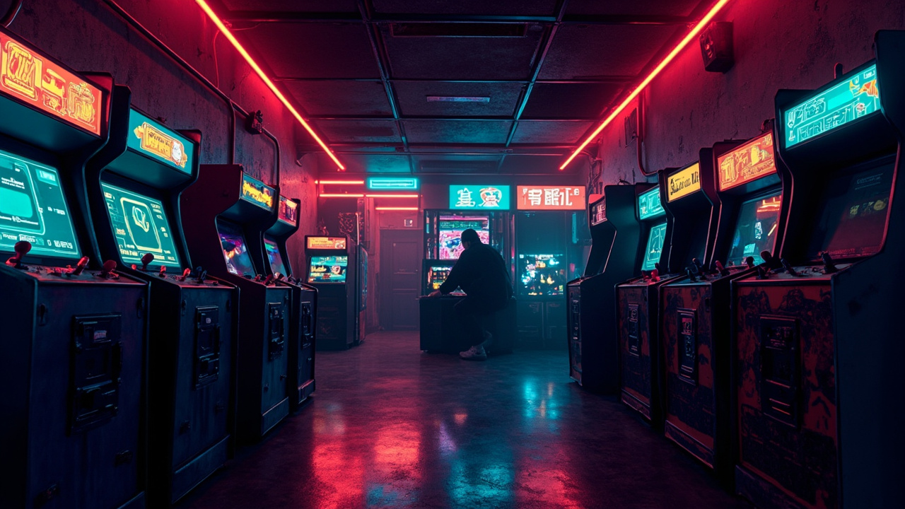Illustration of a neon-lit retro arcade interior