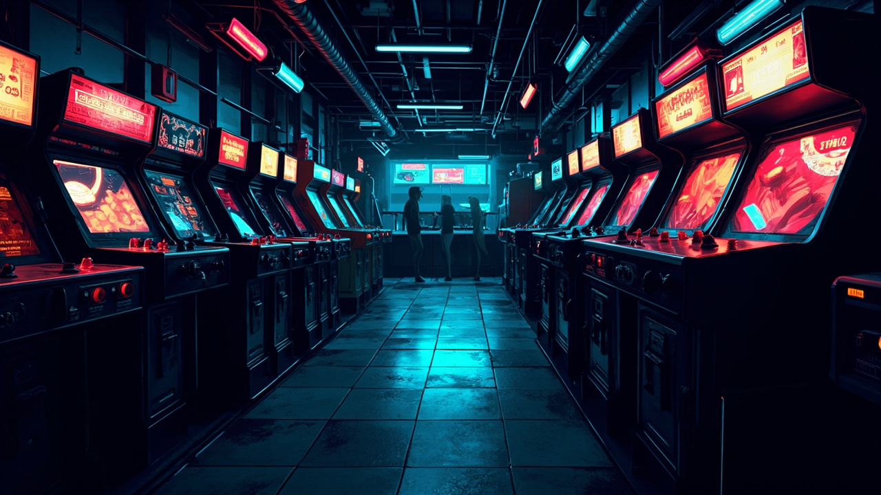Illustration of a neon-lit retro arcade interior