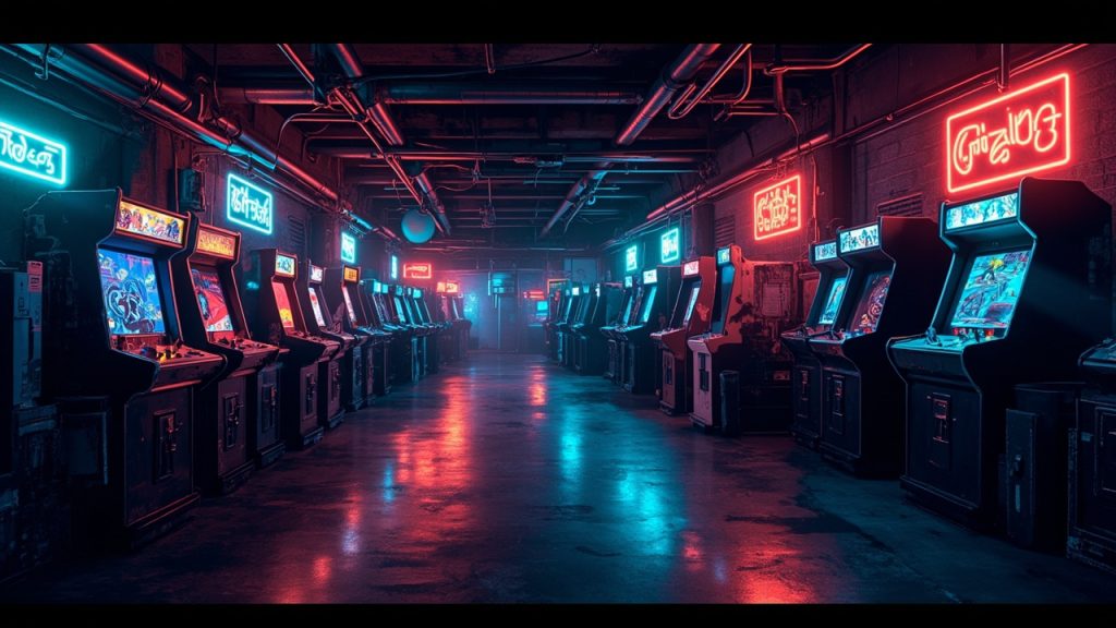 Illustration of a neon-lit retro arcade interior