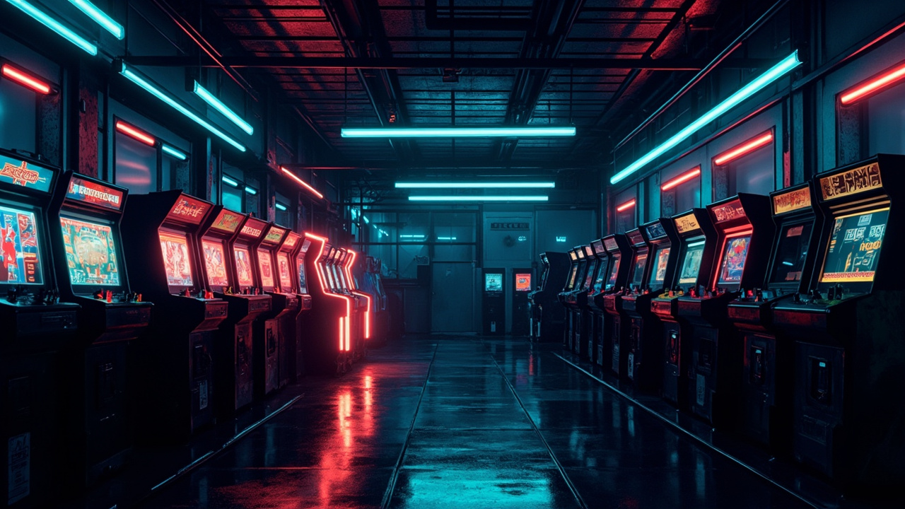Illustration of a neon-lit retro arcade interior
