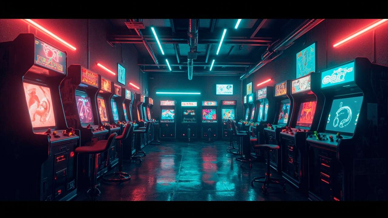 Illustration of a neon-lit retro arcade interior