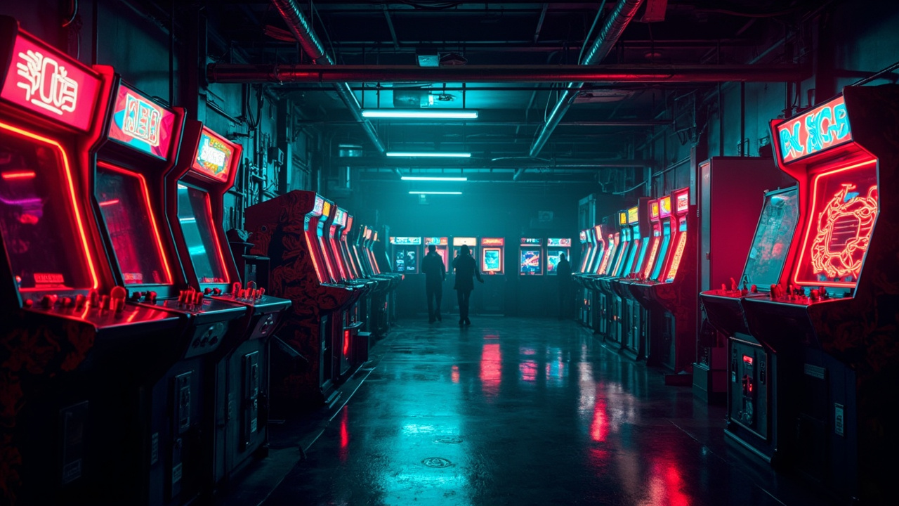 Illustration of a neon-lit retro arcade interior