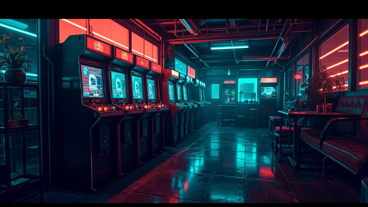 Illustration of a neon-lit retro arcade interior