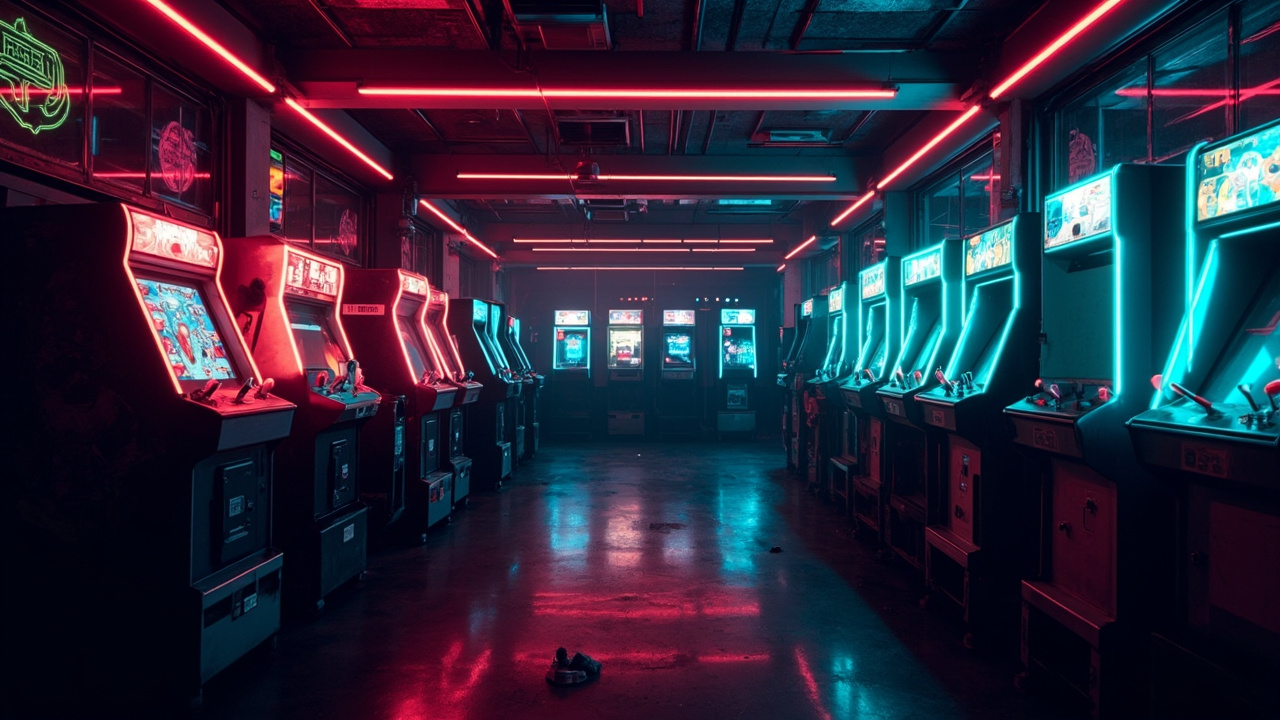 Illustration of a neon-lit retro arcade interior