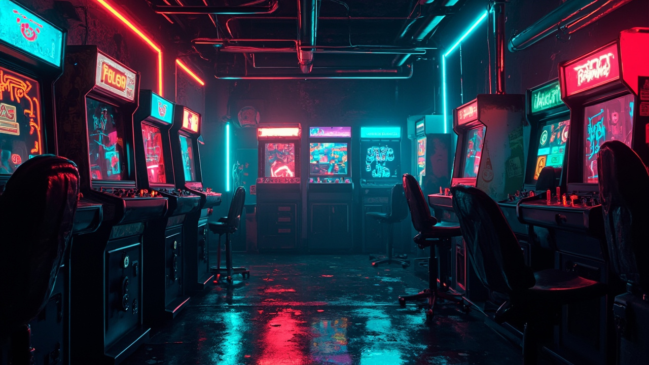 Illustration of a neon-lit retro arcade interior