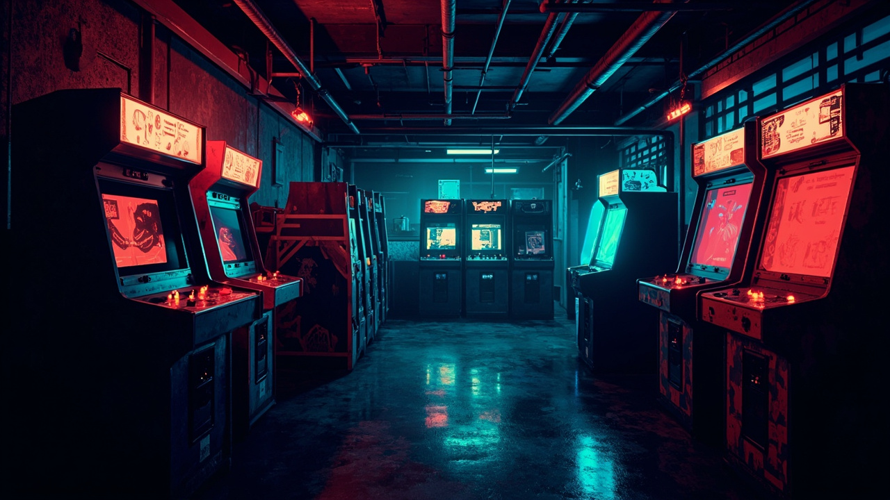 Illustration of a neon-lit retro arcade interior