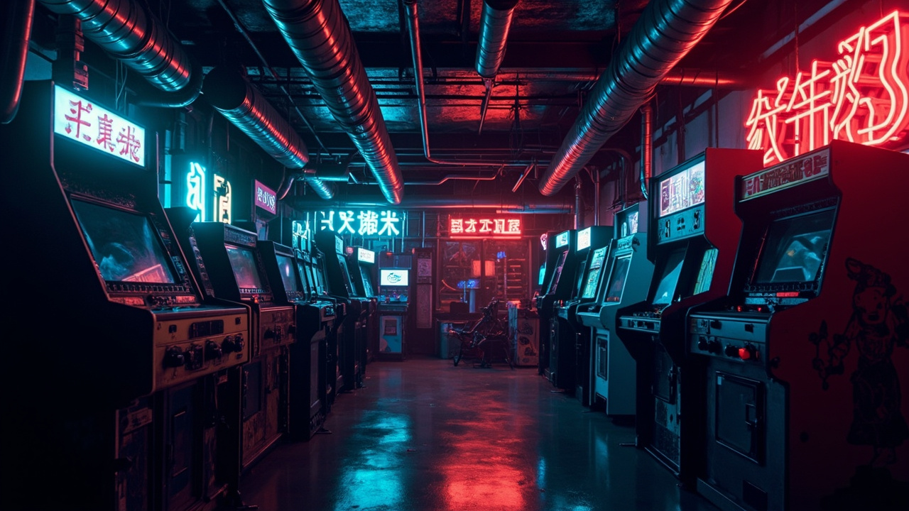 Illustration of a neon-lit retro arcade interior