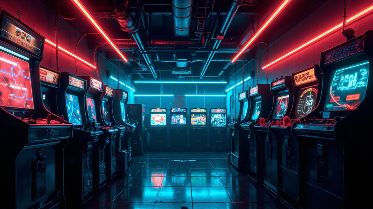 Illustration of a neon-lit retro arcade interior