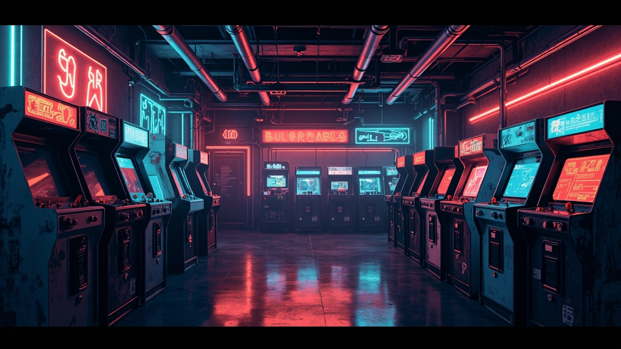Illustration of a neon-lit retro arcade interior