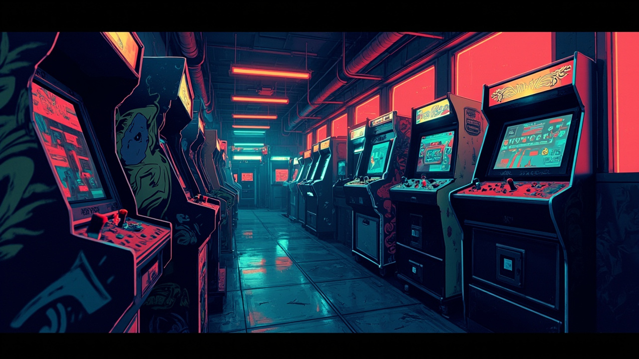 Illustration of a neon-lit retro arcade interior