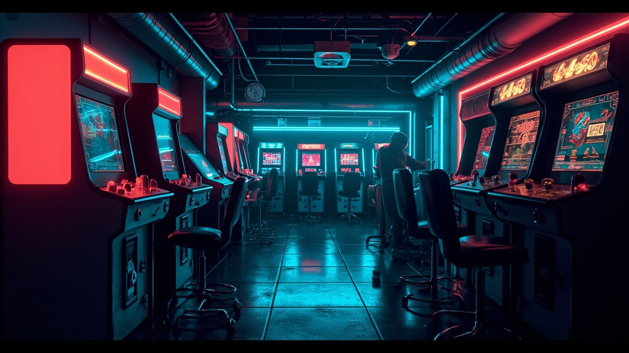 Illustration of a neon-lit retro arcade interior