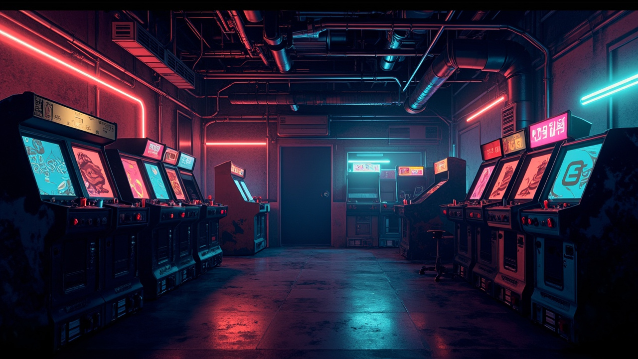 Illustration of a neon-lit retro arcade interior