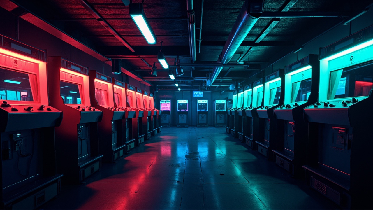 Illustration of a neon-lit retro arcade interior