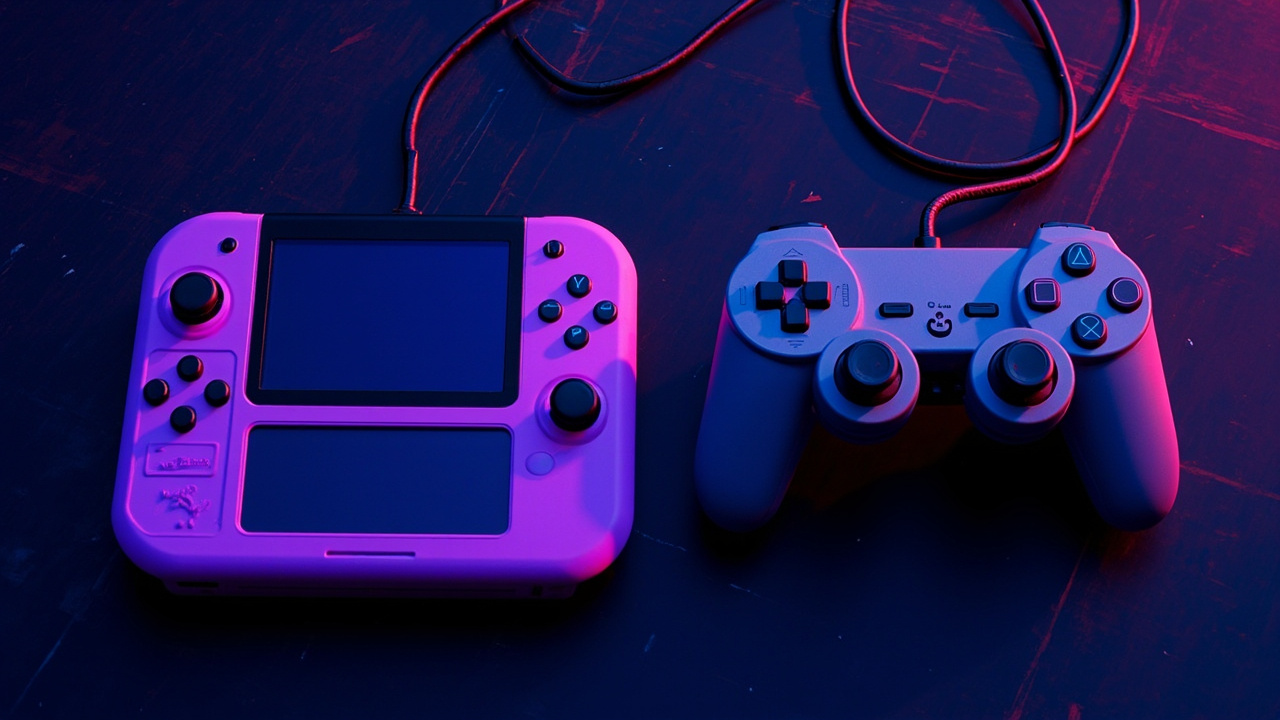 Illustration: A purple handheld gaming device with a screen, directional pad, and buttons sits next to a gray wired game controller featuring a directional pad, two small center buttons, and four face buttons.