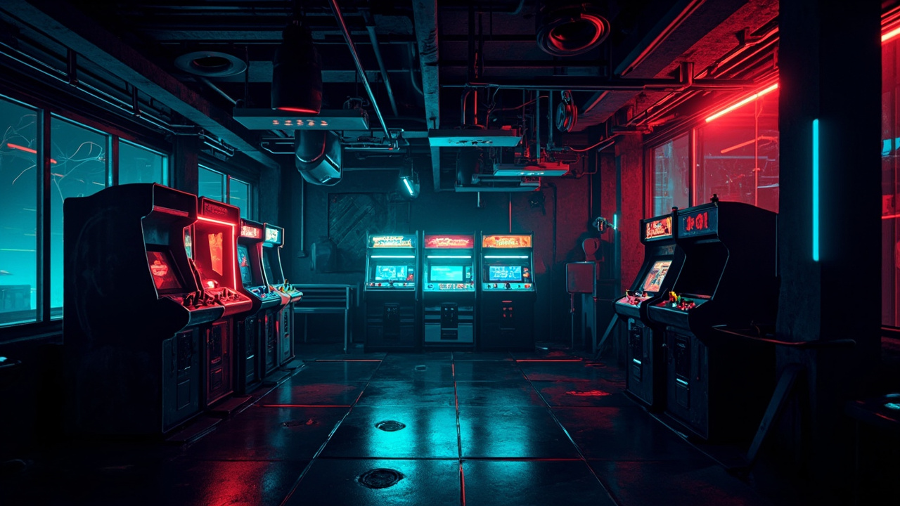 Illustration of a neon-lit retro arcade interior