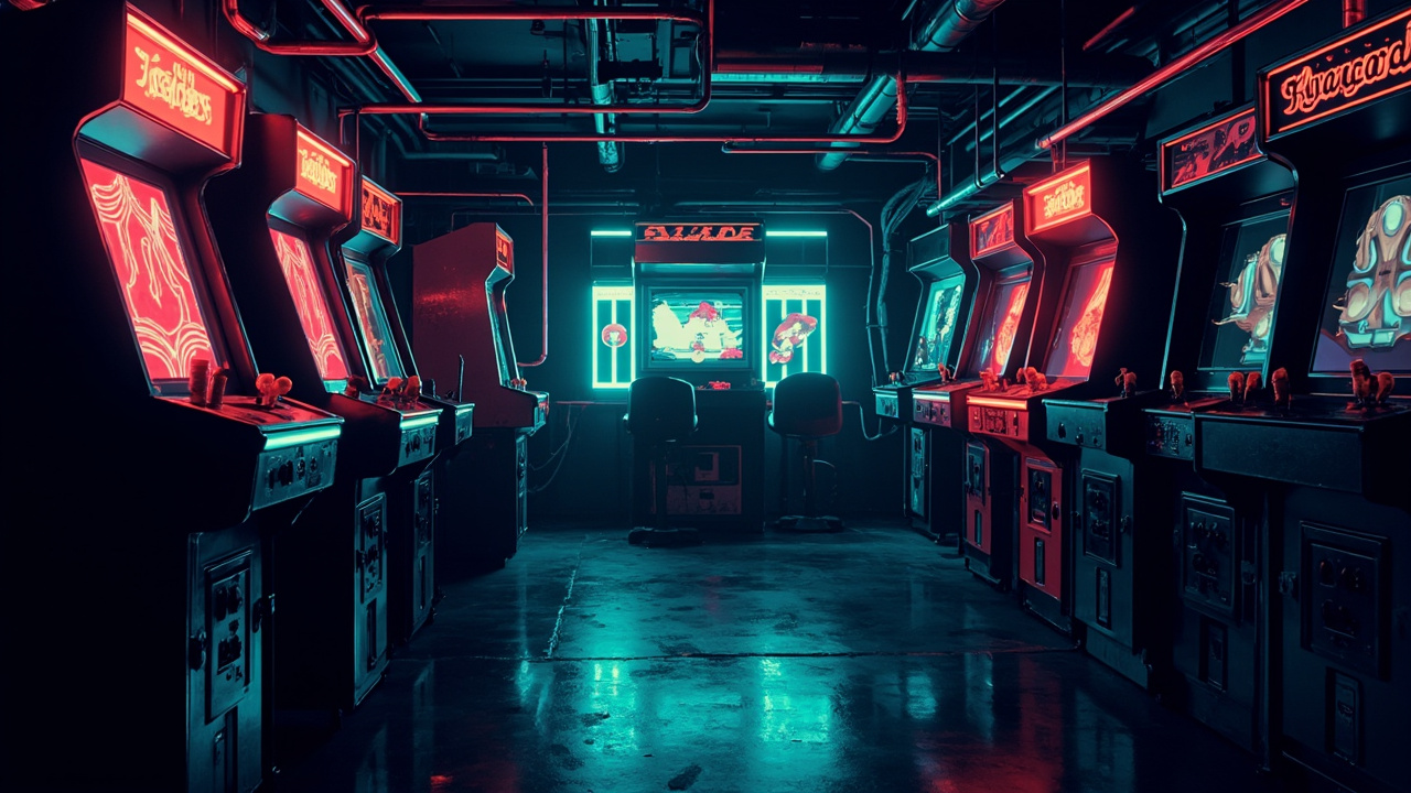 Illustration of a neon-lit retro arcade interior