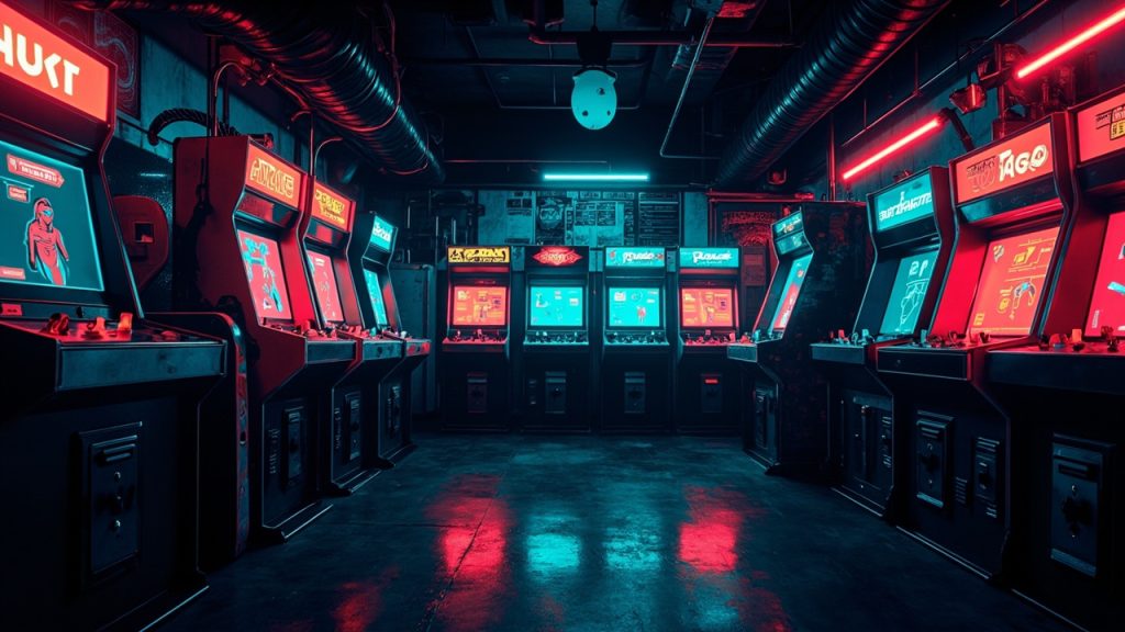 Illustration of a neon-lit retro arcade interior