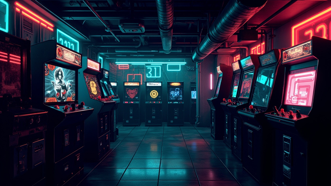 Illustration of a neon-lit retro arcade interior