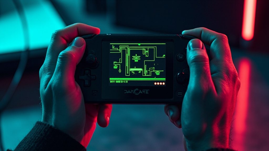 Illustration: A black handheld gaming console with a directional pad, action buttons, and a green monochrome display showing a retro-style video game is held in two hands.