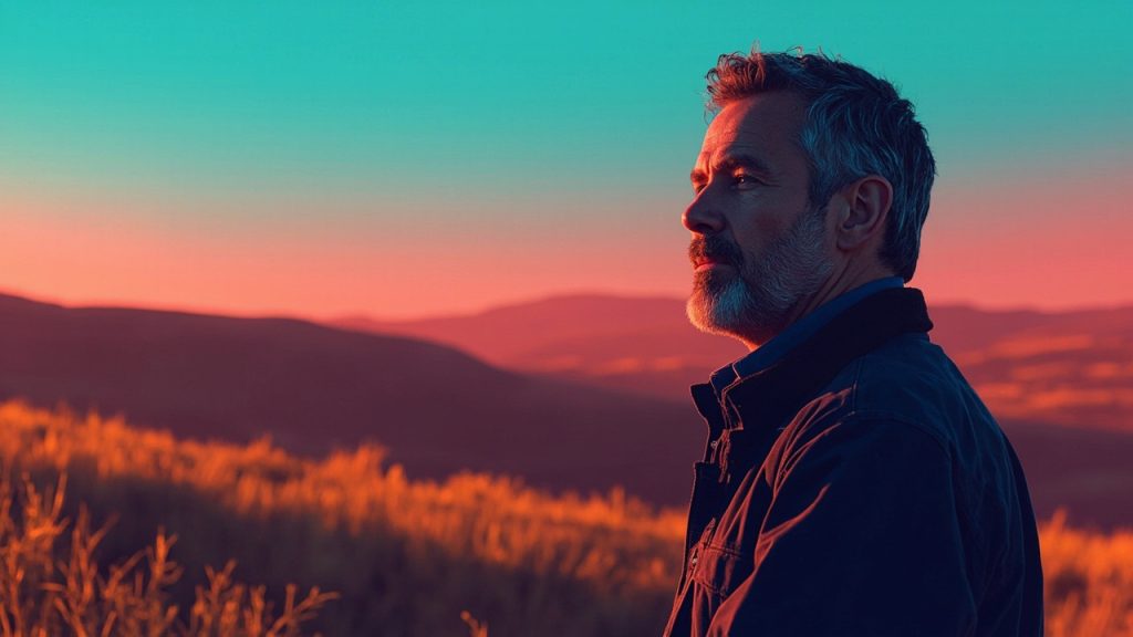 Illustration: A man stands in the foreground of a sweeping rural landscape, his off-camera gaze suggesting an intimate, reflective interview. The shallow depth of field isolates his features against softly blurred, sunlit golden hills, establishing a contemplative
