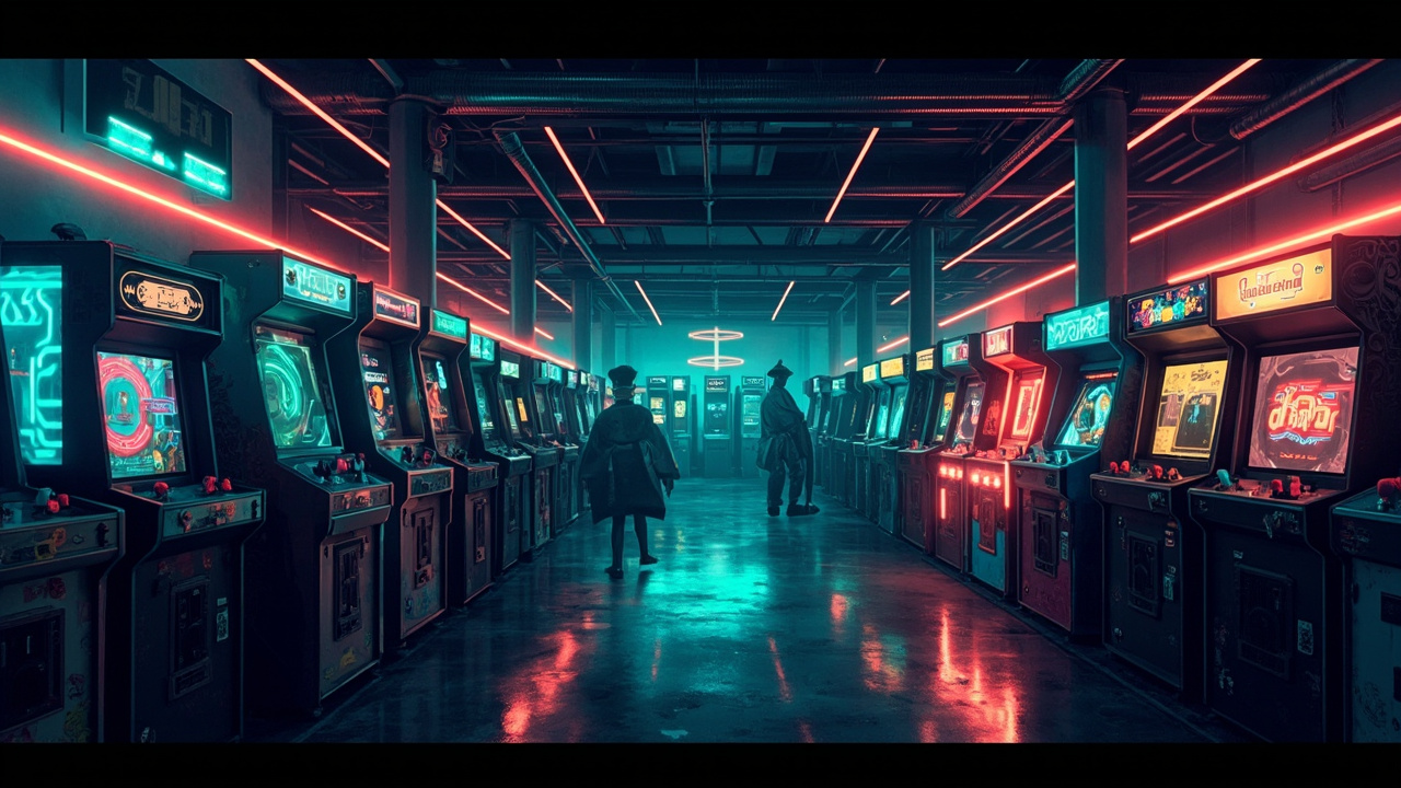 Illustration of a neon-lit retro arcade interior