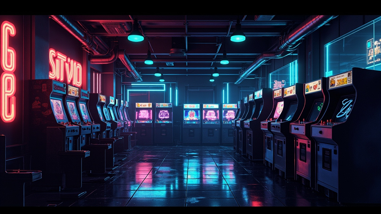 Illustration of a neon-lit retro arcade interior