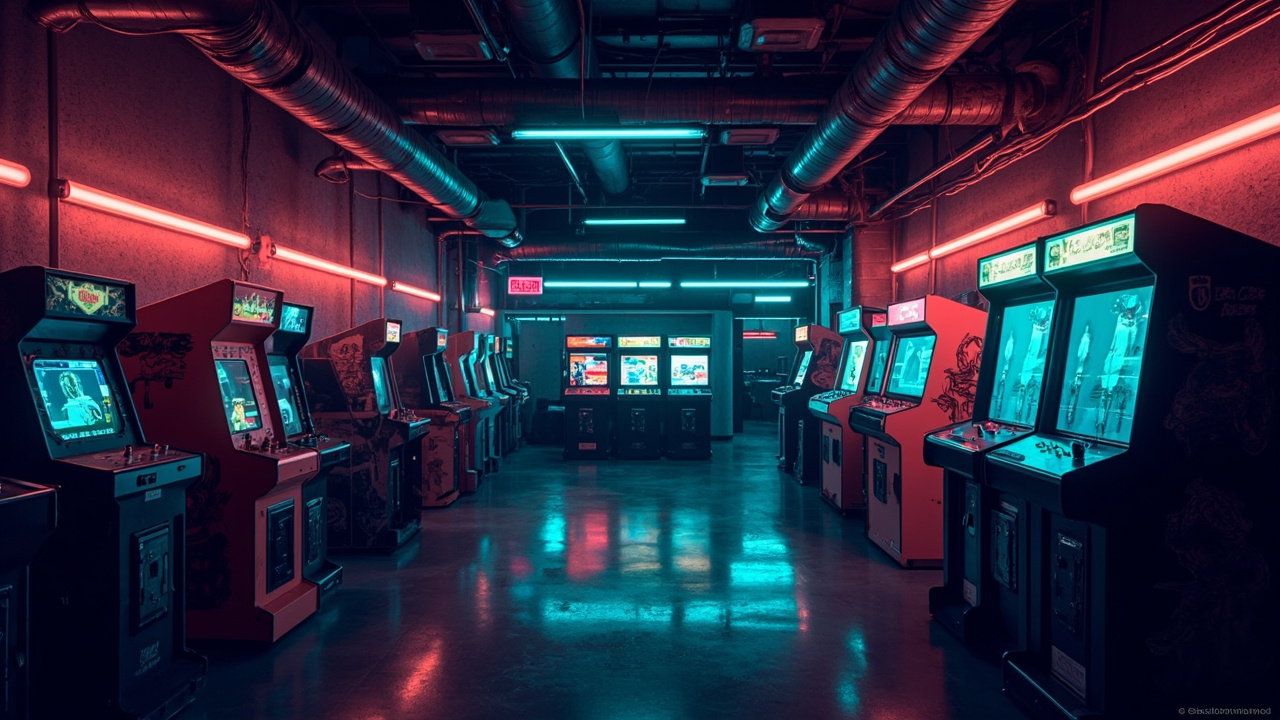 Illustration of a neon-lit retro arcade interior